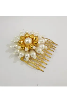 White And Golden Flower Hair Comb Clip