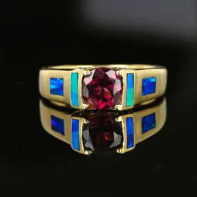 Wide 14K Gold Rhodolite Garnet Opal Ring Band Diamond Accents