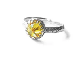 Yellow Cubic Zirconia Ring with Sterling Silver Floral Band