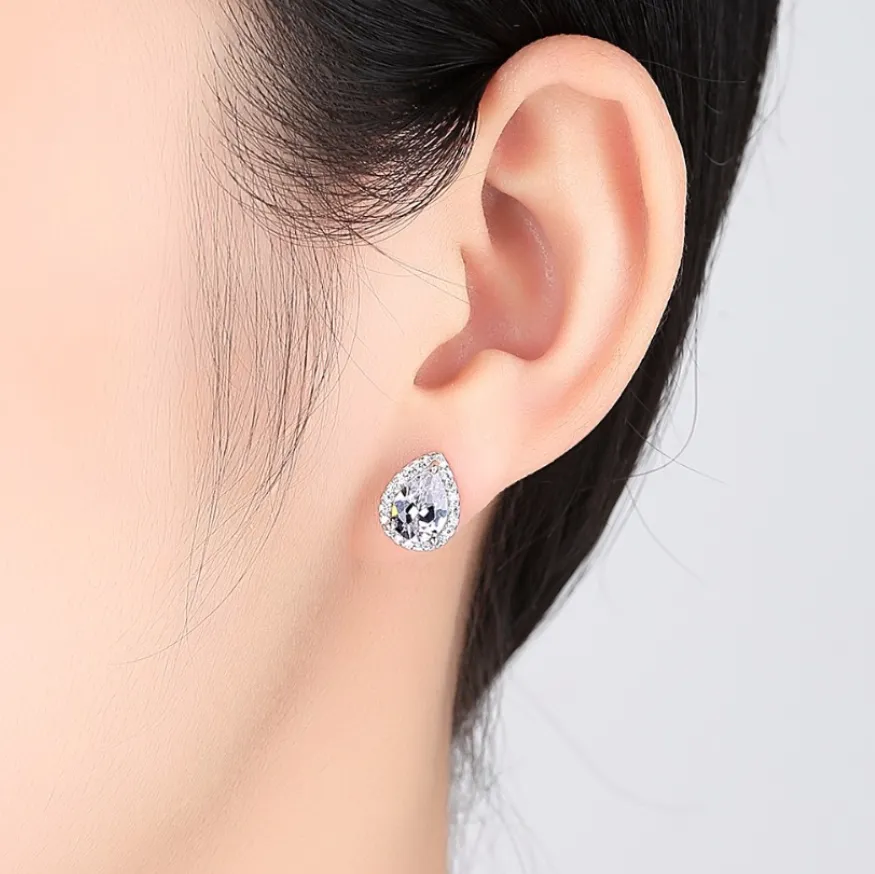 Zirconia Pear Halo White Gold Cz Stud Earrings for Women - Six Gemstone Colors