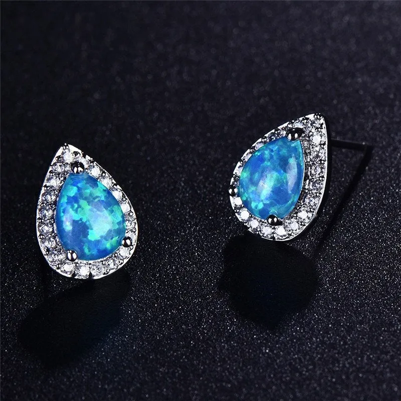 Zirconia Pear Halo White Gold Cz Stud Earrings for Women - Six Gemstone Colors