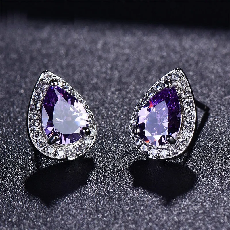 Zirconia Pear Halo White Gold Cz Stud Earrings for Women - Six Gemstone Colors