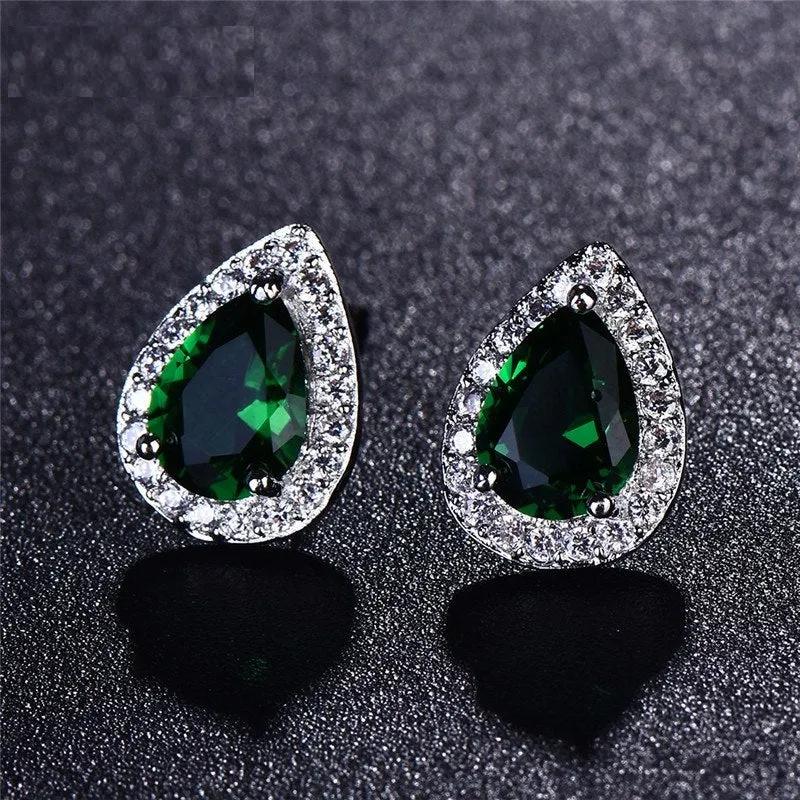 Zirconia Pear Halo White Gold Cz Stud Earrings for Women - Six Gemstone Colors