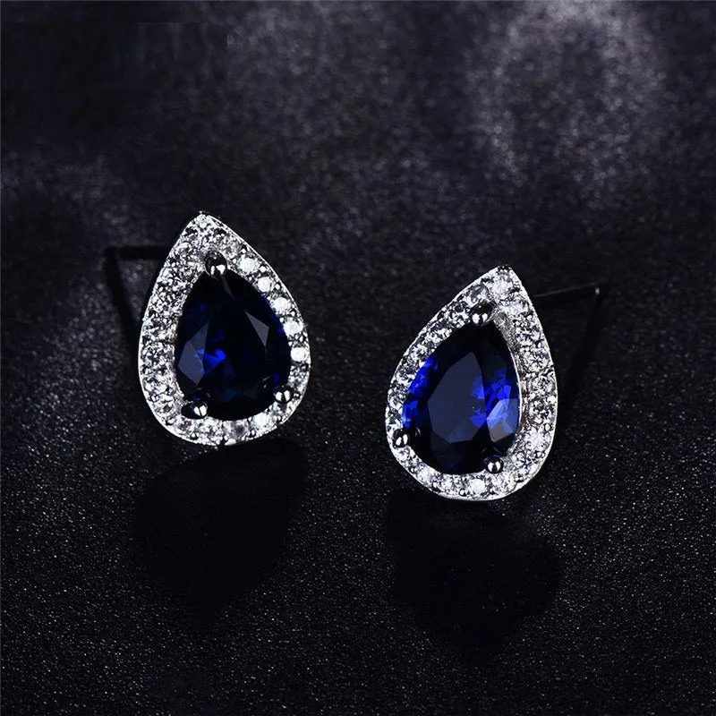 Zirconia Pear Halo White Gold Cz Stud Earrings for Women - Six Gemstone Colors